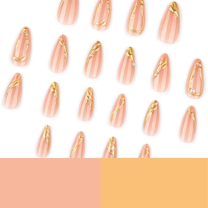24Pcs Gold French Tip Press on Nails Medium Almond Fake Nails with 3D Gilding Frame Designs Irregular Gold False Nail Full Cover Stick Glue on Nails Beads Pearl Charms Nude Acrylic Nails for Women