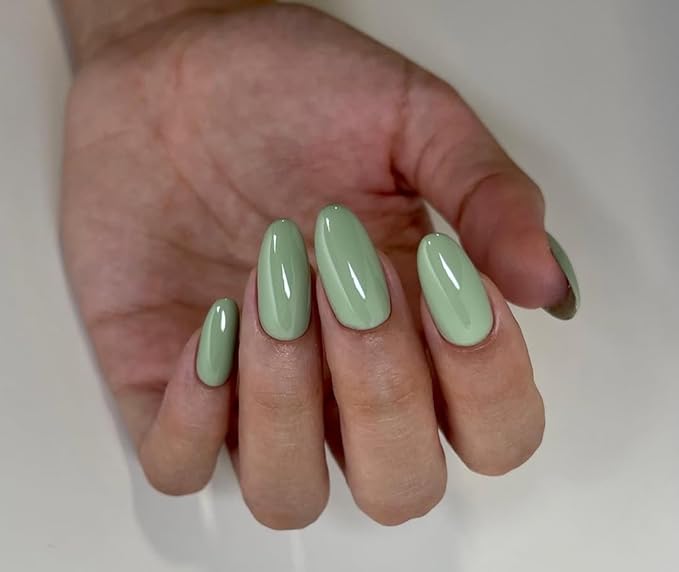 Wooyas Press on Nails Almond, Matcha Green Medium Handmade Gel Fake Nails Reusable, Soft Color Lightweight Natural Glossy in 12 Sizes - 24 Pcs Soft Gel Glue On Nails Kit