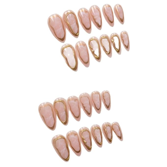 Gold Press on Nails Long Almond Fake Nails with 3D Gold Line Designs Stick on Nails Pink False Nails Glossy Handmade Acrylic Glue On Nail for Women Nail Art Decoration 24Pcs