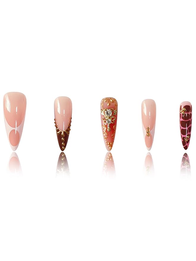 Long Press on Nails Almond Fake Nails with Gold Detail Nude and Burgundy French Manicure Stick on Nail for Women 24pcs