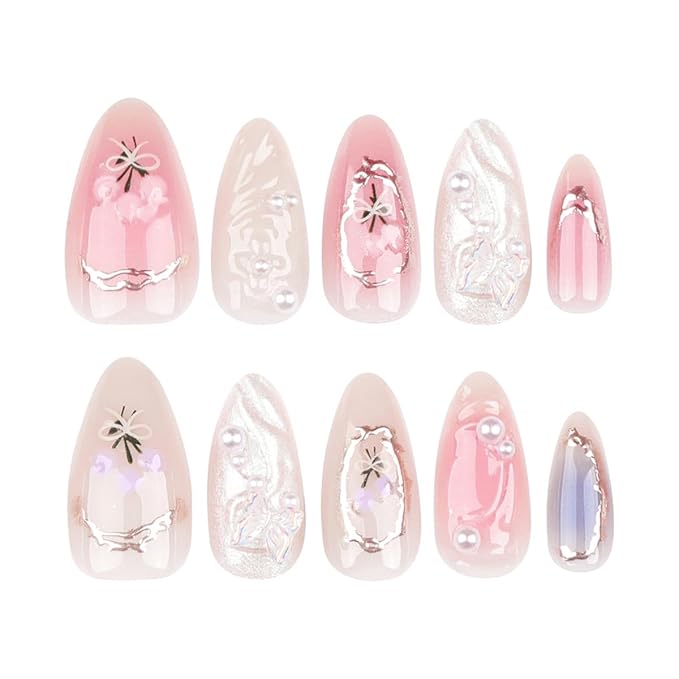 24Pcs Handmade Press on Nails Almond Medium Fake Nails with 3D Flower Butterfly Pearls Charms Designs Glue on Nails French False Nails Almond Shape Acrylic Nails Cute Bow Stick on Nails for Women