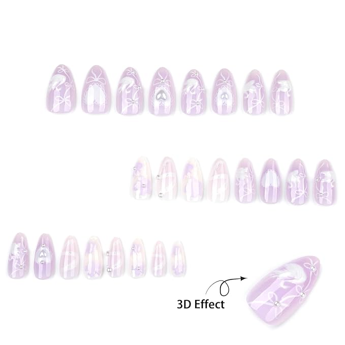 24Pcs Purple Press on Nails Medium Almond Fake Nails with 3D White Swan Designs Glue on Nails Full Cover Heart Bow Acrylic Nails Flower False Nails Lace Ribbon Stick on Nails for Women Nail Supplies