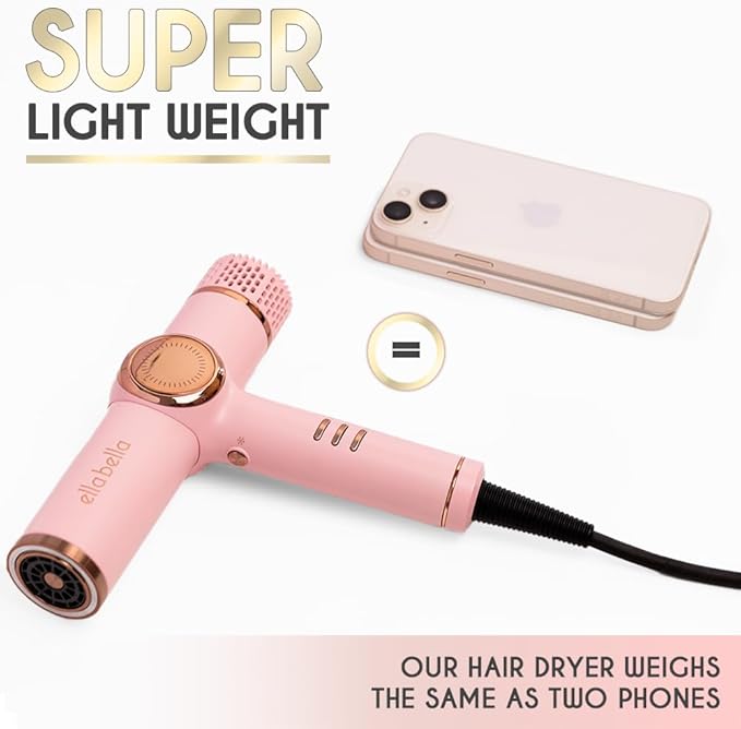 ELLA BELLA® Professional Ionic Hair Dryer with Diffuser • Negative Ion Blow Dryer • Suitable All Hair Types • Intelligent Heat Control & Rapid Drying Speeds • Lightweight Design • Low Noise Technology