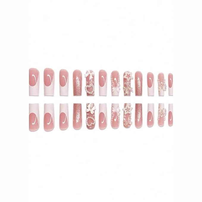 Square Press on Nails Long Fake Nails French False Nails Pink Cute Nails with Heart 3D Bow Designs Glossy Artificial Nails Stick on Nails for Women 24pcs