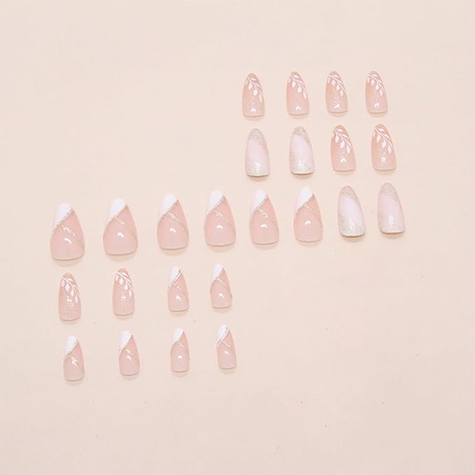 Almond Press on Nails Gold Glitter French Tip Fake Nails with Leaves Designs Medium Length Artificial Nails Sparkly False Nails Glossy Full Cover Acrylic Stick on Nails for Women Manicure Tips 24Pcs