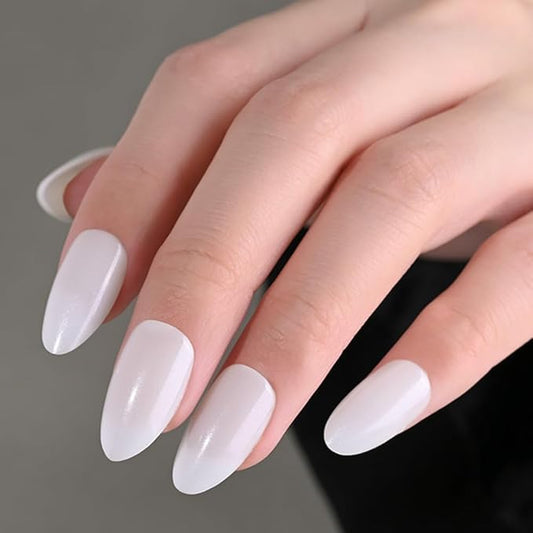 evpct Press on Nails Almond Short, Pearl White Glitter Shimmer Shiny Short Almond Fake Nails for Women Gift, Soft Gel Press Glue On Nails with Nail Glue, 30Pcs Reusable Acrylic Fake Nail Manicure Kit