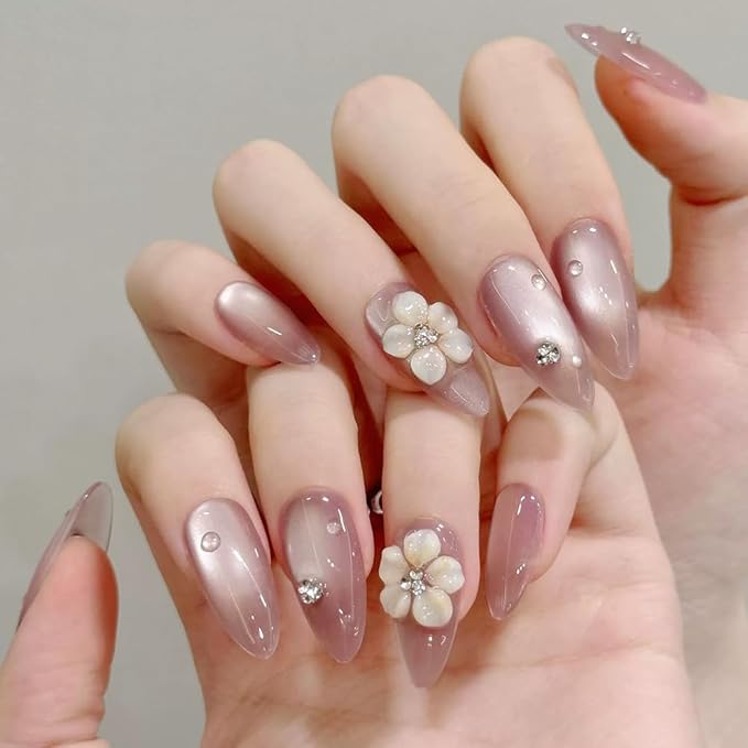 Handmade Press on Nails Almond Cat's Eye Medium Fake Nails with 3D Flower Charm Designs Pink Sparkly Cute Acrylic Nails for Women 10pcs (Size M）