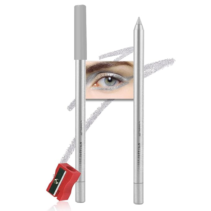 evpct Silver Gray Glitter Eyeliner Pencil for Eyes, Silver Grey Metallic Shimmer Eye Liner Pencil Makeup Waterproof Smudge Proof, Colored Gel Waterline Eyeliner, Face Eye Paint Stick Halloween Makeup
