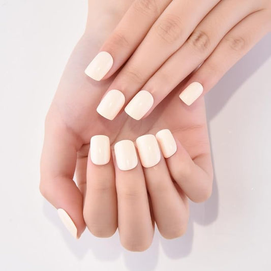 evpct Acrylic Beige Glossy Press on Nails Short Square, Glossy Beige Fake Nails Reusable False Nail Stick Glue on Press ons for Women Gifts, Perfectly Fit Durable False Nail Kit with Gel Glue 30Pcs