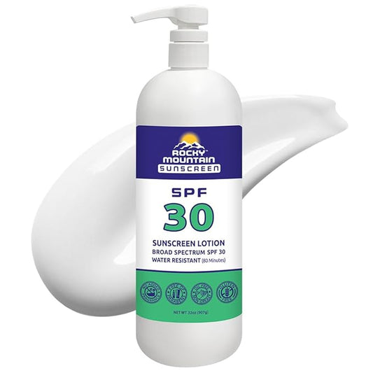 Rocky Mountain Sunscreen SPF 30 Lotion | Broad Spectrum UVA/UVB Protection | Hawaii 104 Reef Act Compliant (Oxybenzone & Octinoxate Free) | Water Resistant 80 Min. | Quart with Pump (32 Fl Oz)
