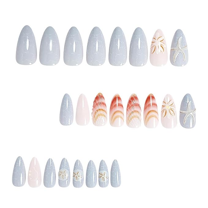 24Pcs Beach Press on Nails Medium Almond Fake Nails White Starfish Shell Design Blue Ocean False Nails Full Cover Artificial Glue on Nails Summer Hawaii Stick on Nails for Women DIY Manicure