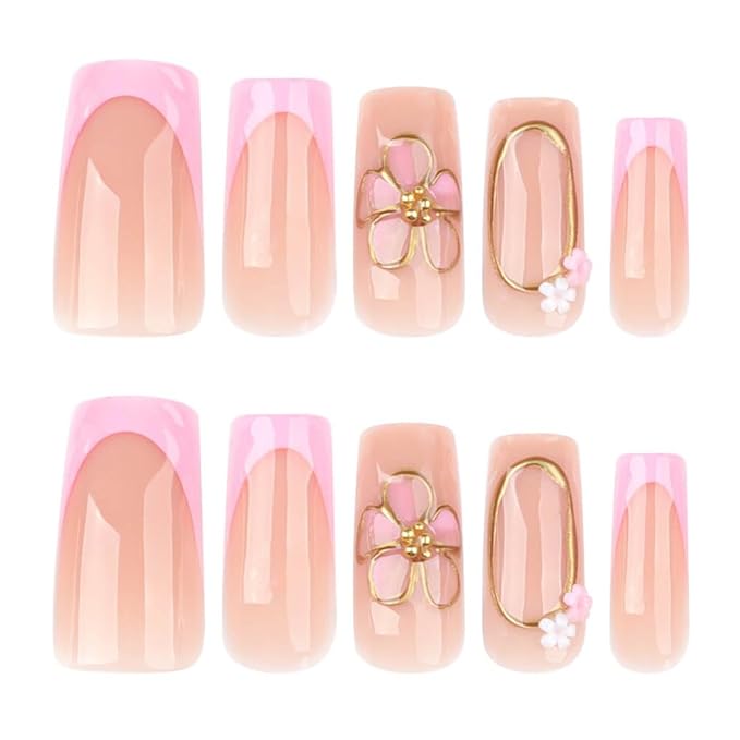 French Press on Nails Medium Long Pink Fake Nails Square Bling Glossy 3D Flower Design False Nail Tips Artificial Nails Finger Manicure for Women and Girls-24pcs (Nails 7)