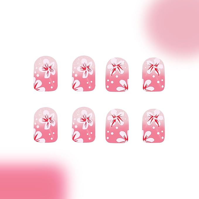 Flower Press-on Nails Short Square Fake Nails Peach Floral with Rhinestone Design French Tip False Nails Gradient Glue on Nail Glossy Stick on Nail Spring Acrylic for Women Decor Salon Manicure