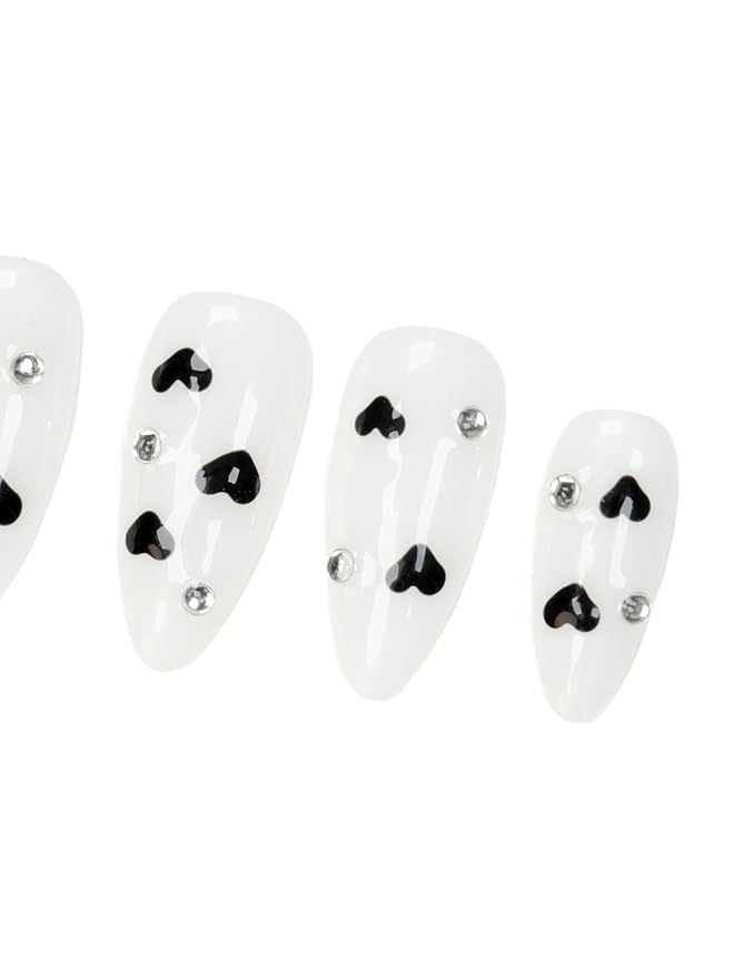 White Press On Nails Black Heart & Rhinestone Design- Handmade Medium Almond Gel Acrylic 10pcs Reusable (Night Sweetheart, Size M)