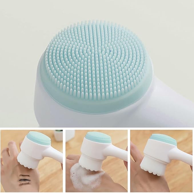 Double Sides Face Brush, 3D Stand Vertical Silicone Facial Wash Brush, 2 in 1 Facial Cleansing Brush Manual Dual-action Face Brush for Acne, Clogged Enlarged Pores Sensitive Delicate, Dry Skins (Blue)