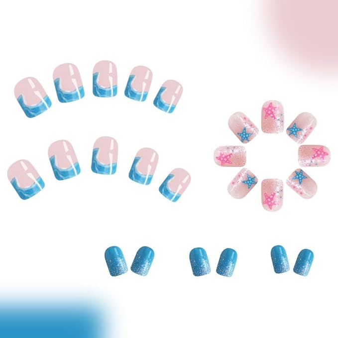 Square Press On Nails Short Fake Nails Starfish With Sea Glitter Design Blue False Nails Summer Glue On Nails Acrylic Full Cover Artificial Nails Glossy Stick On Nails For Women Manicure Art 24pcs