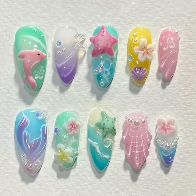 30Pcs Ocean Press On Nails Medium Almond Fake Nails with 3D Butterfly Pearl Flower Starfish Design Aurora Bead Mermaid False Nails Colorful Ombre Shell Stick on Nails for Summer Manicure