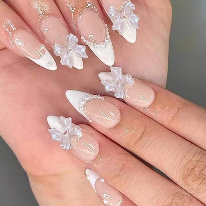 French Tip Press on Nails Medium Almond Fake Nails White Bow False Nails Glossy Pearl Acrylic Nails with Designs Bow Charm Artificial Nails Glue on Nails for Women Girls Manicure Art