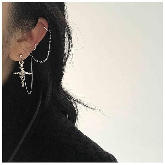 Cross Chain Cuff Earrings Silver Cross Dangle Chain Earrings Long Crucifix Drop Earrings Religious Ear Cuff Wrap Chain Earrings Jewelry for Women and Girls