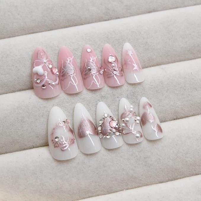 3D Handmade Spring & Summer Pink Press On Nails Almond Medium 24 Pcs, Heart Pearl Designer Reusable Acrylic Fake Nails with Glue, Wedding and Party, Daily wear Nails fro Women Gift