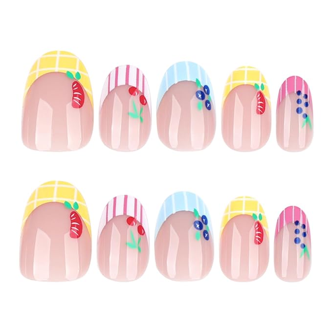 Fruit Press On Nails Oval Shape, Colorful Striped Fake Nails with Cute Cherry Grape Orange Blueberry Designs, Glossy Gel Finish Acrylic Reusable Glue On Nails for Women, 24 Pcs