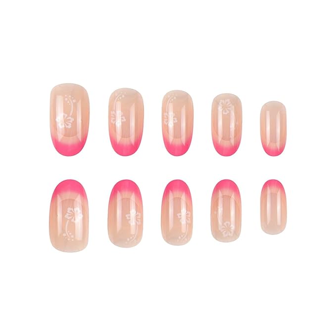 IMRAIN French Tip Press on Nails Almond Medium Fake Nails Pink Gradient Glossy Acrylic Nail Supplies White Flower Designs Glue on Nails Full Cover Oval False Nails for Women Girls 24Pcs