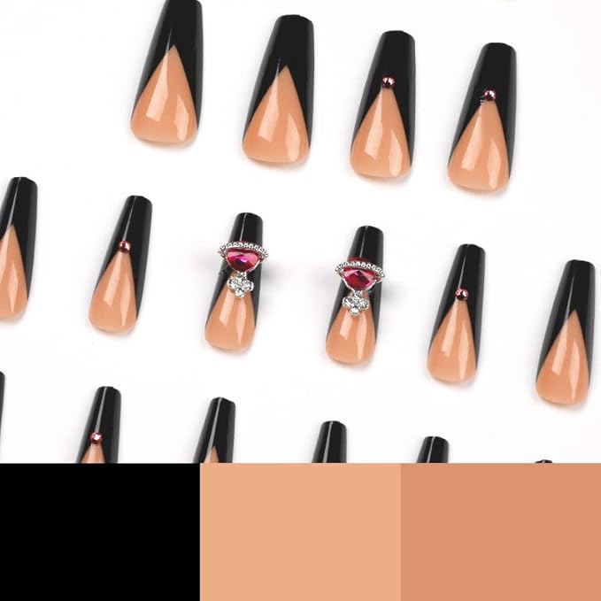 Long Press on Nails Square Fake Nails French Tip False Nails Black Artificial Nails with Designs Stick on Nails for Women 24pcs