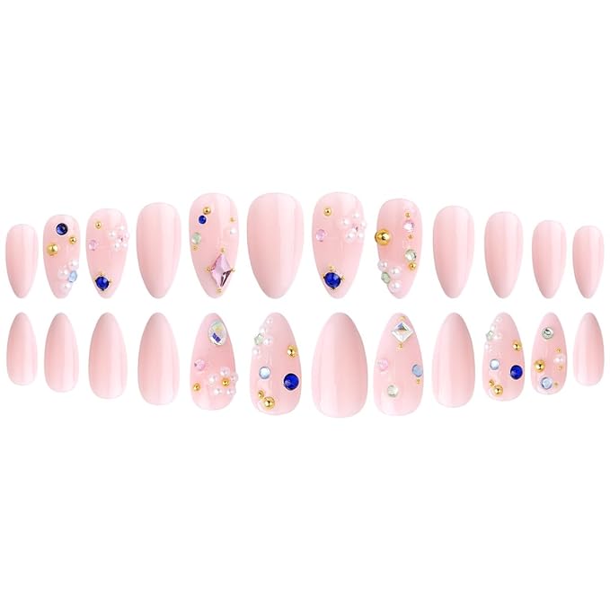Long Almond Shape Press on Nails | Nude Pink Fake Nails with Pearls & Colorful Gems | Stick on Nail for Women 24pcs
