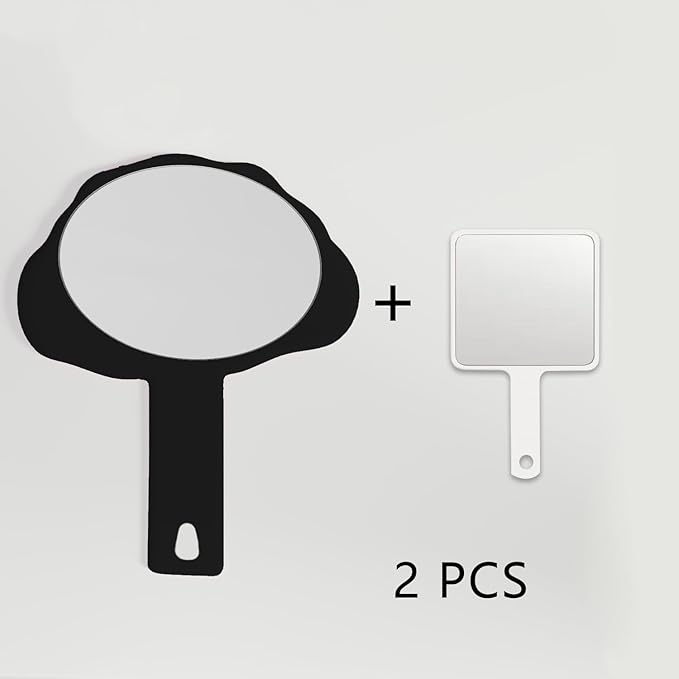 2 Pcs Hand Held Mirror with Handle for Makeup,Small Cute Hand Mirror for Shaving with Hole Hanging Single-Sided Portable Travel Vanity Mirror Gift for Men&Women (Black, 5.91" Lx 7.87" W)