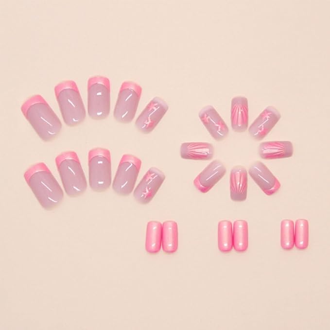 Press on Nails Pink French Fake Nails Medium Rhinestone Square Bling White Nails Glossy False Nail Tips Artificial Nails Luxury Finger Manicure for Women and Girls,24pcs