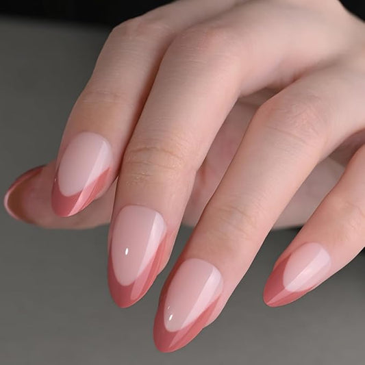 Vermilion French Tip Press on Nails Almond, Short Almond Fake Nails, Glossy Gel Finish Acrylic Press On Nails, Natural Glue On Nails, Reusable Stick On Fake Nails for Women, 30Pcs 15 Sizes