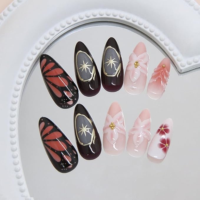 Long Almond Press on Nails Fake Nails with 3D Flowers and Butterfly Design False Nail with Star Accents and Gradient Color Stick on Nail for Women 24pcs