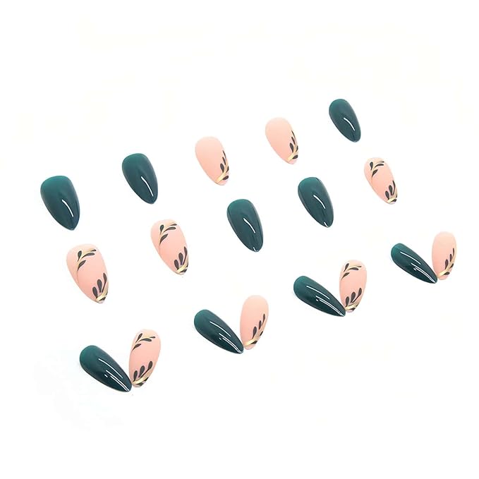 Green Short Almond Press on Nails Water Drop Type False Nails with Green Leaf Matte Designs Full Cover Glue on Nails Reusable Artificial Stick on Nails for Women 24 Pcs