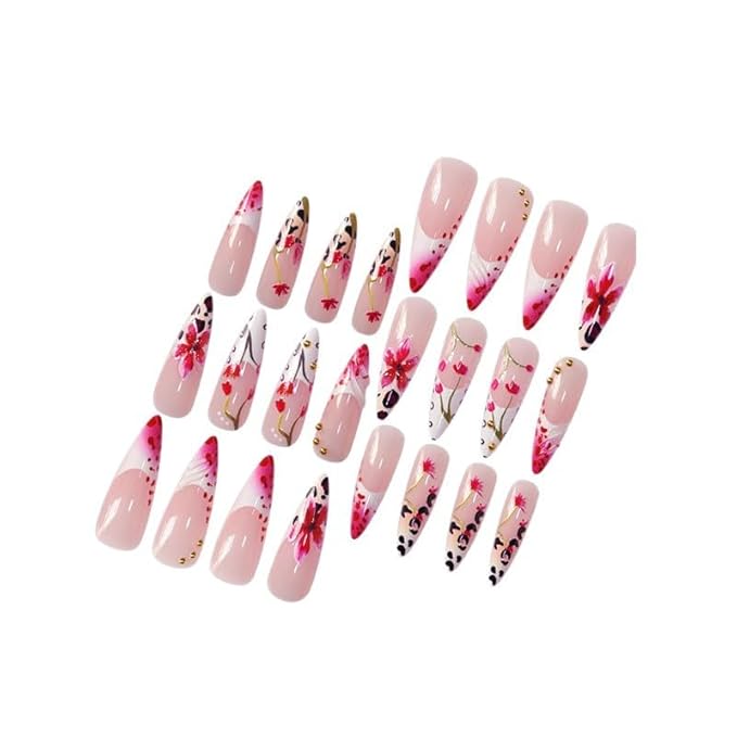 Long Press on Nails Almond False Nails Nude Fake Nail Pink Stick on Nail with Red 3D Flower Leopard Print Glamorous Manicure for Women 24pcs