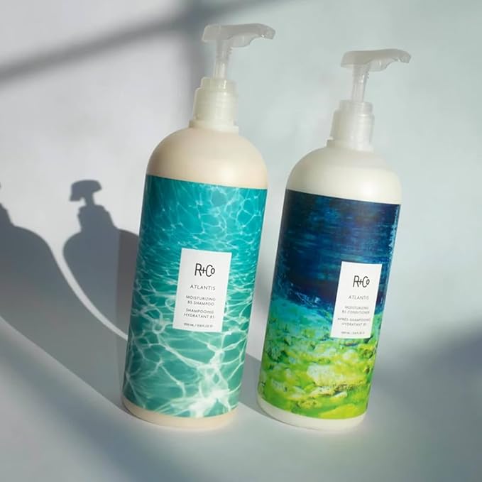 R+Co Atlantis Moisturizing B5 Shampoo & Conditioner Set + Deluxe Sample (0.5oz) | Deep Hydration & Repair for Dry Hair | Vegan + Cruelty-Free | 33.8oz (Pack of 2)