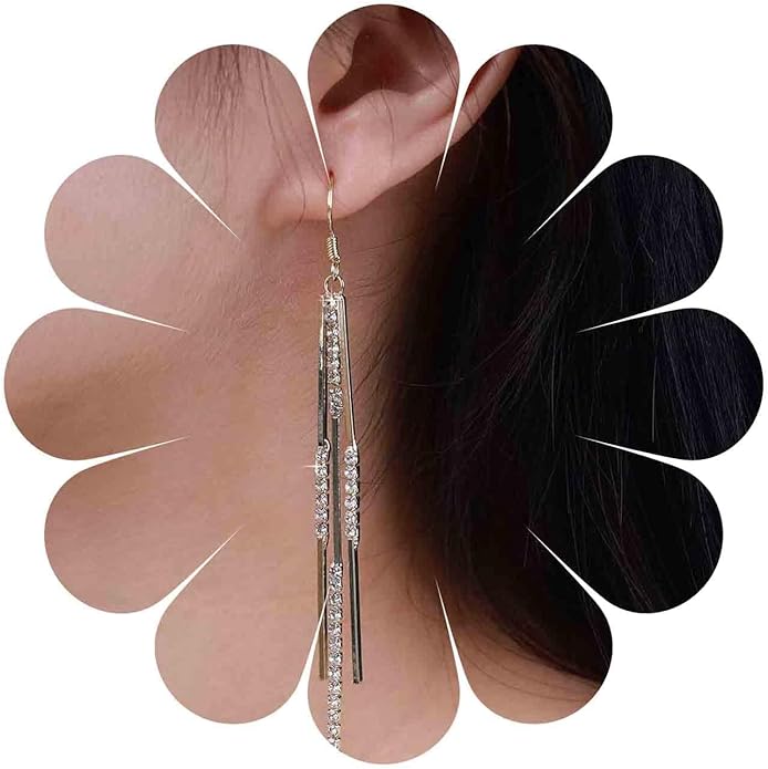 Vintage Crystal Tassel Earrings Rhinestone Bar Drop Earrings Long Rhinestone Chain Earrings Gold Cz Bar Hook Earrings Sparkle Tennis Chain Earrings Jewelry for Women