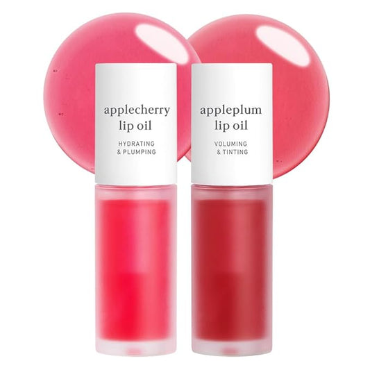 NOONI Korean Lip Oil Set - Applecherry & Appleplum | Long-Lasting, Moisturizing, Plumping, Revitalizing for Dry Lips, Waterproof, No Peel Off, Stocking Stuffers, 0.12 FL Oz x 2ea