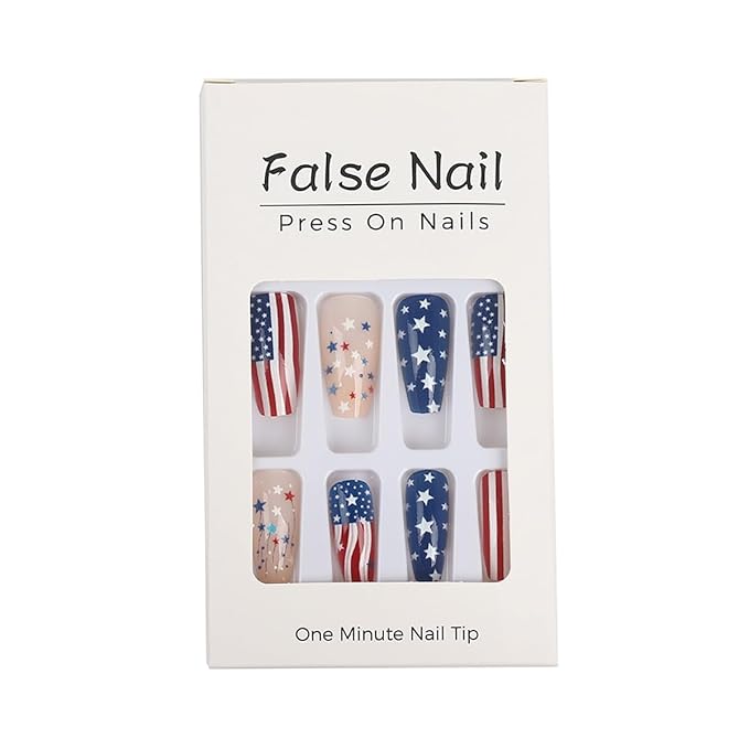 Fourth of July Press on Nails Long Square Fake Nails American Flag Stripe Design Independence Day False Nails Stars Stick on Nail Acrylic Full Cover Glue on Nail for Women DIY Salon Manicure Wear