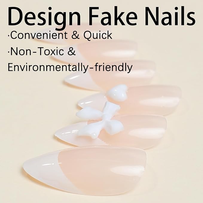 French Tip Press on Nails Medium Almond Fake Nails Bow Charms Stick on Nails with White Nail Tips Designs Heart Flowers Acrylic Nails for Women Girls 24Pcs