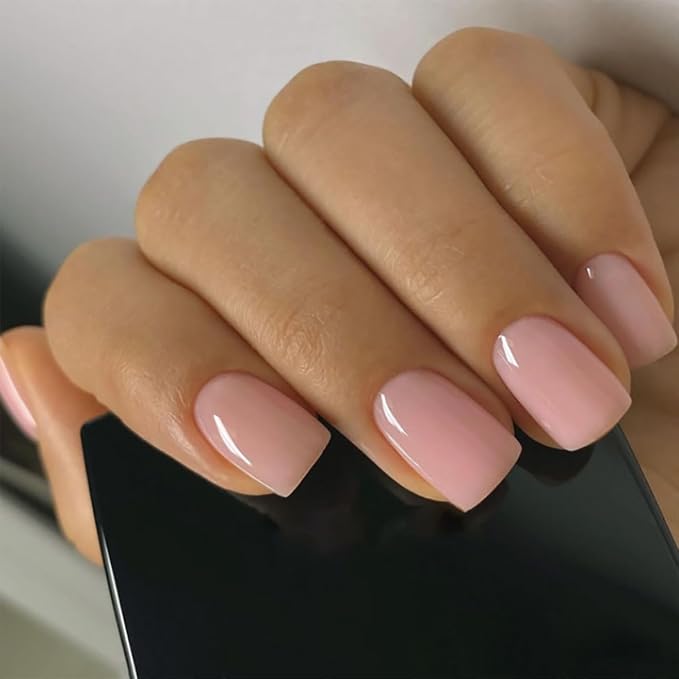 evpct Glossy Nude Pink Press on Nails Short Square for Women Gift, Glossy Pink Fake Nail with Soft Gel Salon Quality Reusable Stick on Nails Full Cover Artificial Nail Glue Soft Gel Set Kit 24Pcs, 03