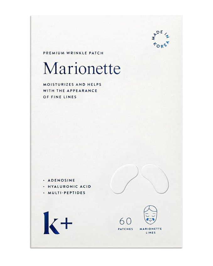 K+ Wrinkle Patches for Marionette, Smile Lines with Hyaluronic Acid, Adenosine and Peptides - Korean Overnight Mindful-Aging Facial Stickers (60 Count)