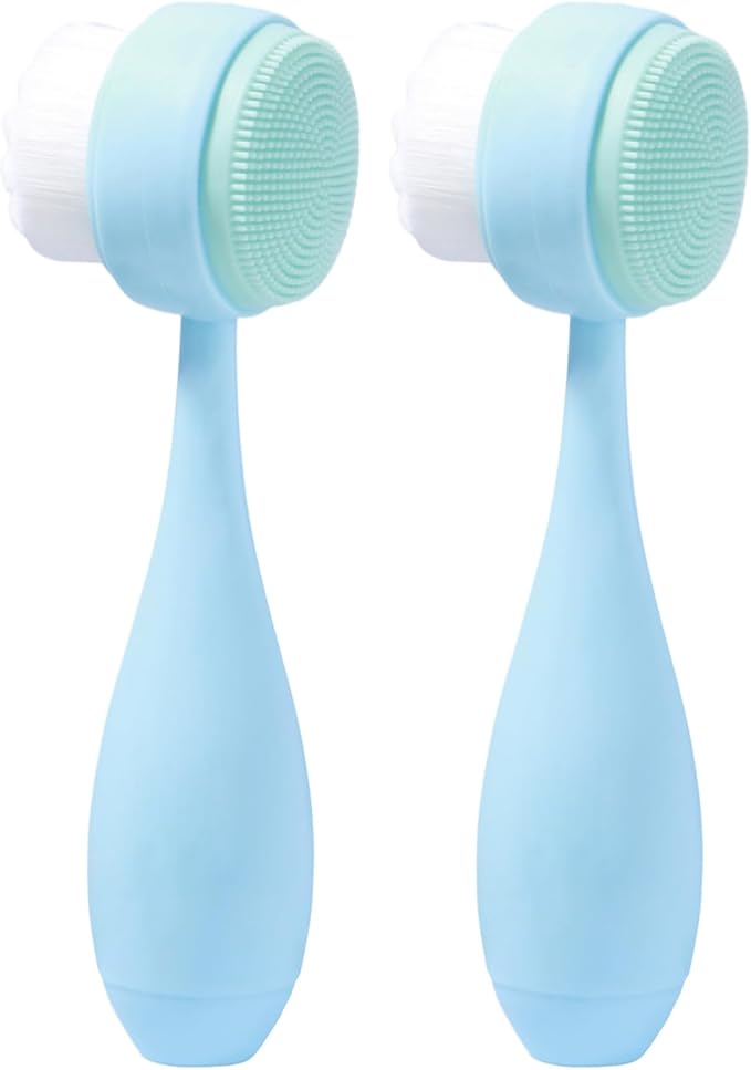 Face Brush 2 in 1, Facial Cleansing Brush Double Sides, Facial Exfoliation Scrub Brush Silicone Manual Face Scrubber Brush for Gentle Deep Pore Cleansing, Skincare (Sky Blue, 2 Pack)