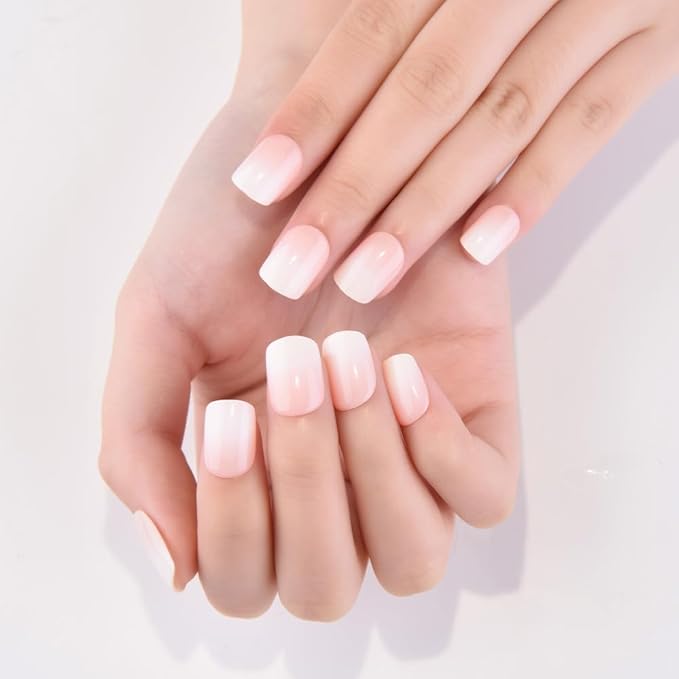 evpct Ombre Glossy Press on Nails Short Square, Nude to White Glossy Fake Nails Reusable, Acrylic False Nail Stick Glue on Press ons for Women Gifts, Color Ombre Artificial False Nail Kit Glue, 30Pcs