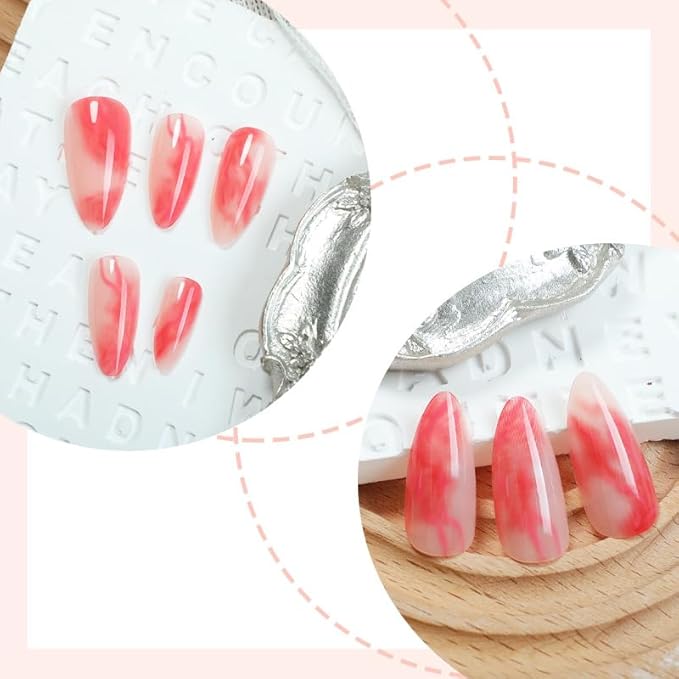 Press on Nails Almond Fake Nails Short Red Acrylic False Nails Press ons Glossy Gradient Marble Glue on Artificial Nails Full Cover Stick on for Women Manicure Art Decoration 24Pcs