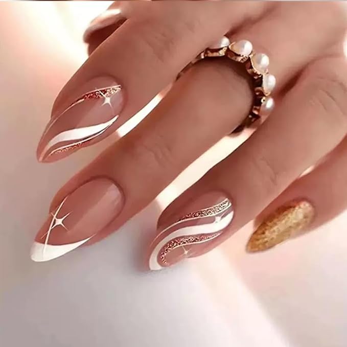 144 Pcs Press on Nails Medium Almond Fake Nails French Tip False Nails with Designs Glitter Glue on Nails Reusable Artificial Nail Full Cover Acrylic Stick on Nail for Women Manicure 6 Packs