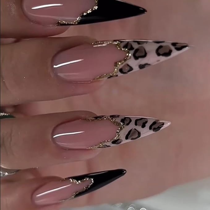 French Tip Press on Nails Long Fake Nails Stiletto False Nails with Leopard Print Design Gold Glitter Glossy Acrylic Artificial Nails Full Cover Stick on Nail for Women 24 Pcs