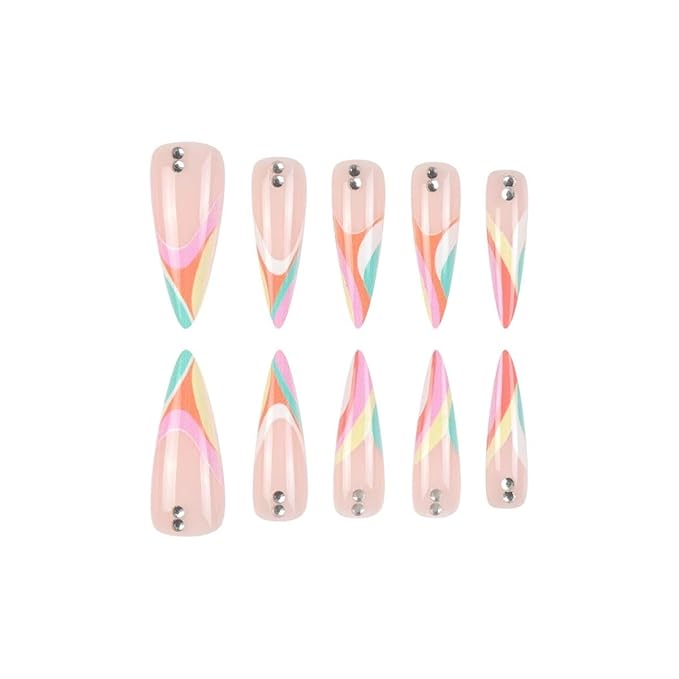 Colorful French Tip Press on Nails Long Fake Nails Stiletto False Nails Press ons Rhinestone Design Glossy Acrylic Artificial Nails for Women 24 Pcs