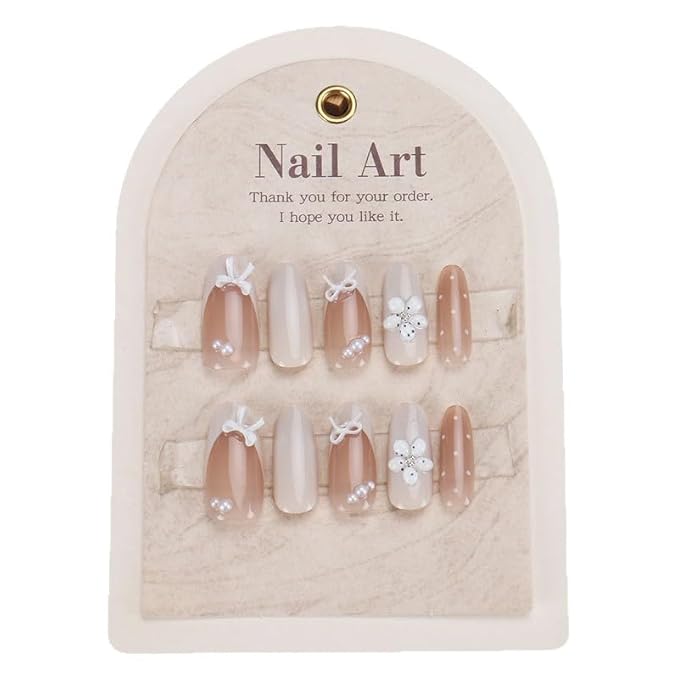 Long Almond Press on Nails Nude Elegant Fake Nails Girly Style with Floral Polka Dots Stick on Nail for Women 24pcs