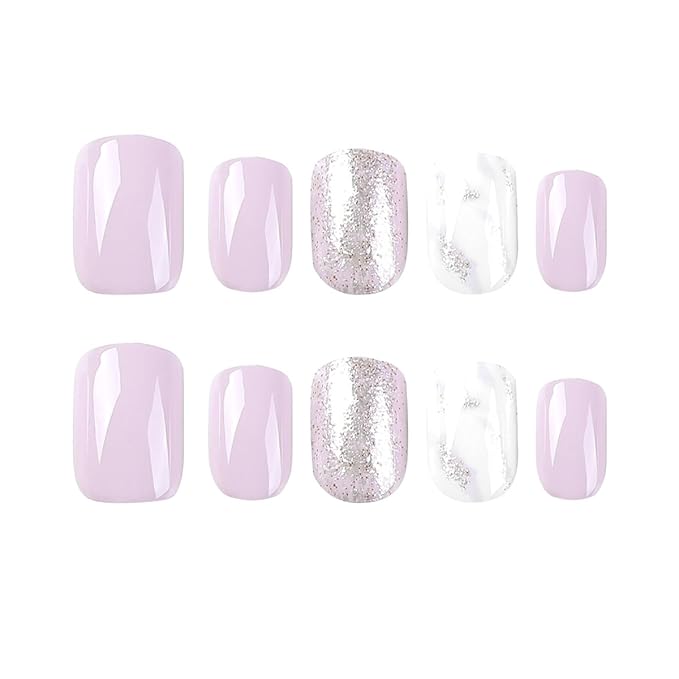 Press on Nails Short Square, Light Purple Fake Nails Kit with Silver Glitter Designs, Glossy Acrylic Press on Nails, Thick Reusable Glue on Nails Short Press on Nails for Women, Gleaming Lilac