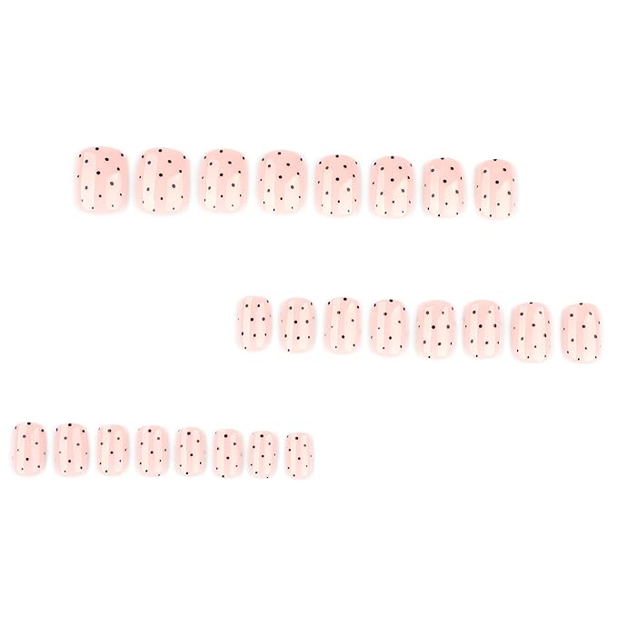 Soft Pink Short Press On Nails Square, Cute Fake Nails with Black Polka Dot Detail, Glossy Gel Finish Acrylic Nails, Daily/Party Reusable Glue On Nails Kit for Women, 24Pcs